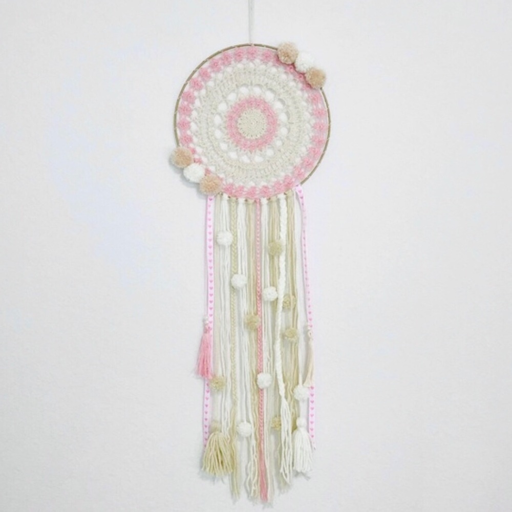 New! Bohemian Crochet Handmade Cream Pink Dreamcatcher Nursery Gift Wall Decor